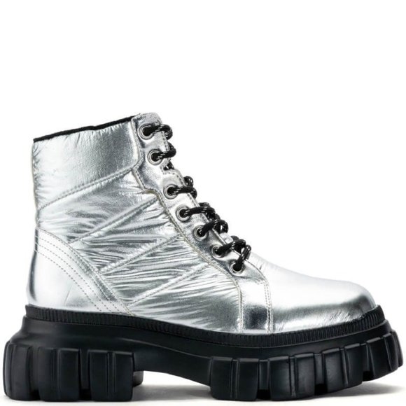Callie Lives Shoes - Miz Celsius: Silver Puffer Construction Boot SIZE 8 9